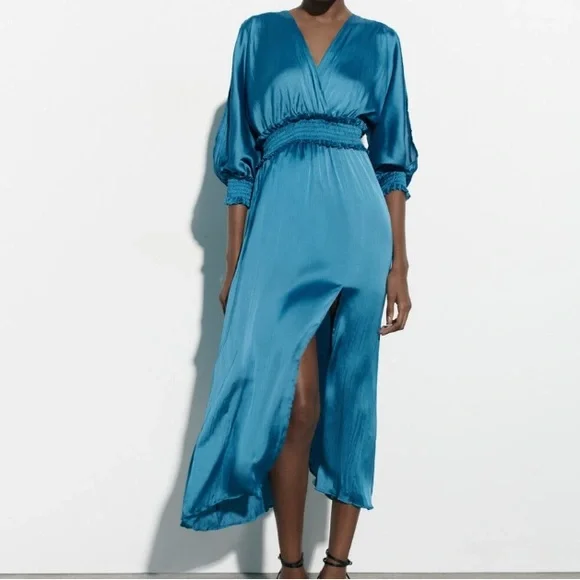 zara wrap front satin effect dress ZARA NWT WOMAN SATIN EFFECT WRAP DRESS Bluish| 2143/256 ALL SIZES